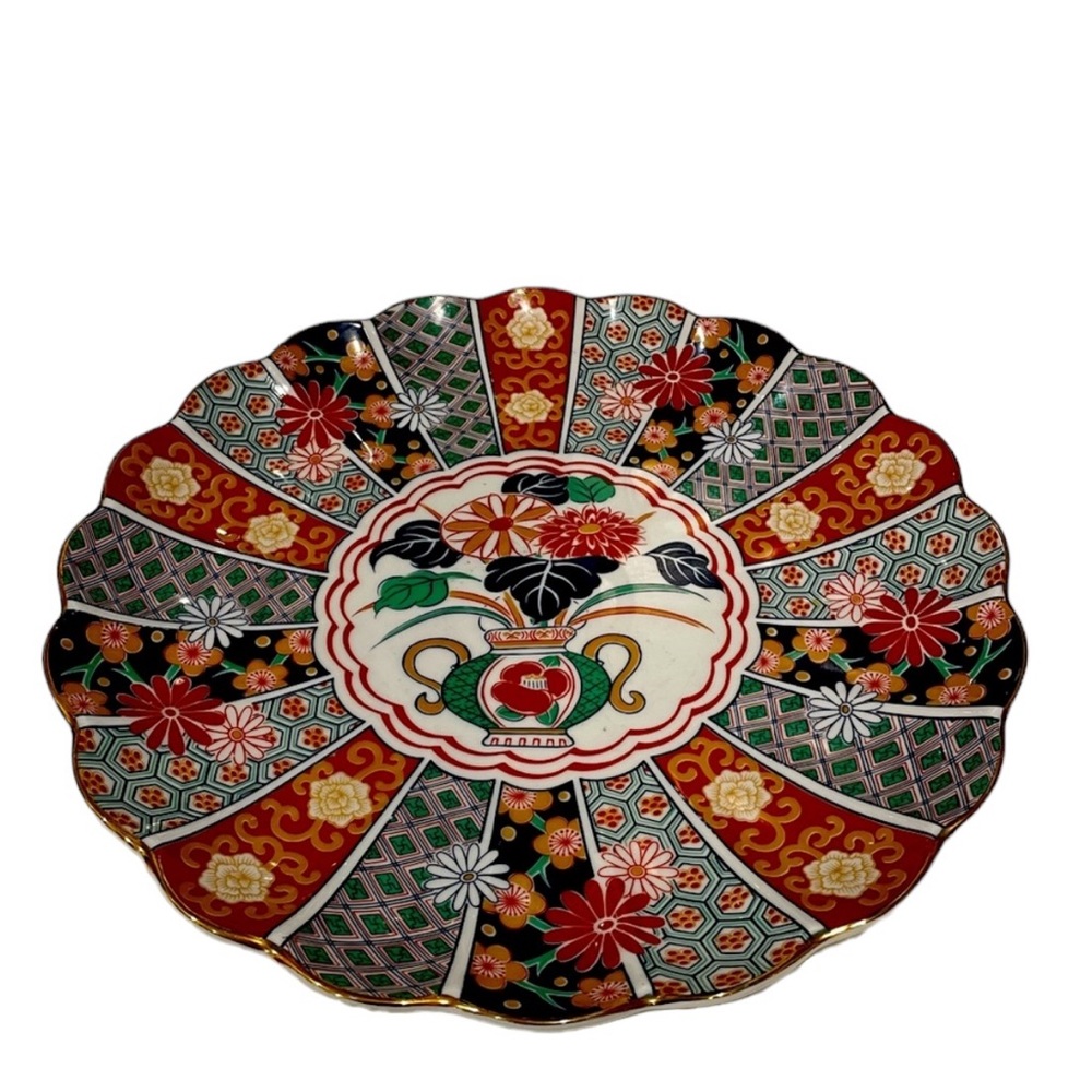 Vintage Arita Imari Fan Japanese Porcelain Scalloped Serving Platter. Round. EUC